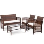 4pc Hollow Stripe Rattan Patio Furniture Set Tempered Glass Coffee Table Chair Armchair Outdoor Garden Modular Sofa