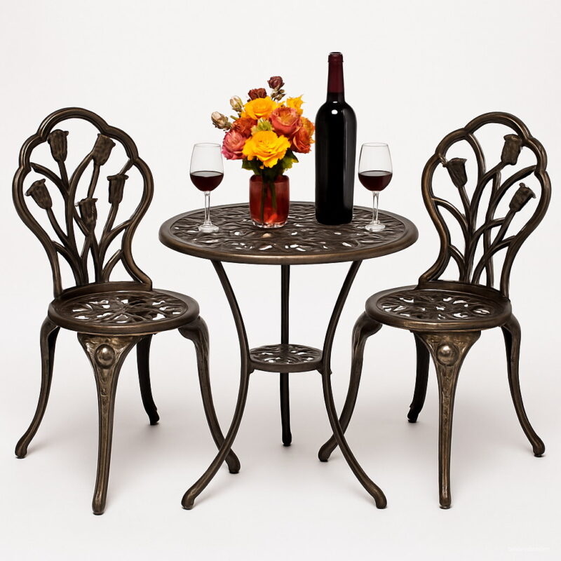 European Style Cast Aluminum Outdoor 3 Piece Tulip Bistro Set Of Table And Chairs Patio Garden Furniture Chair