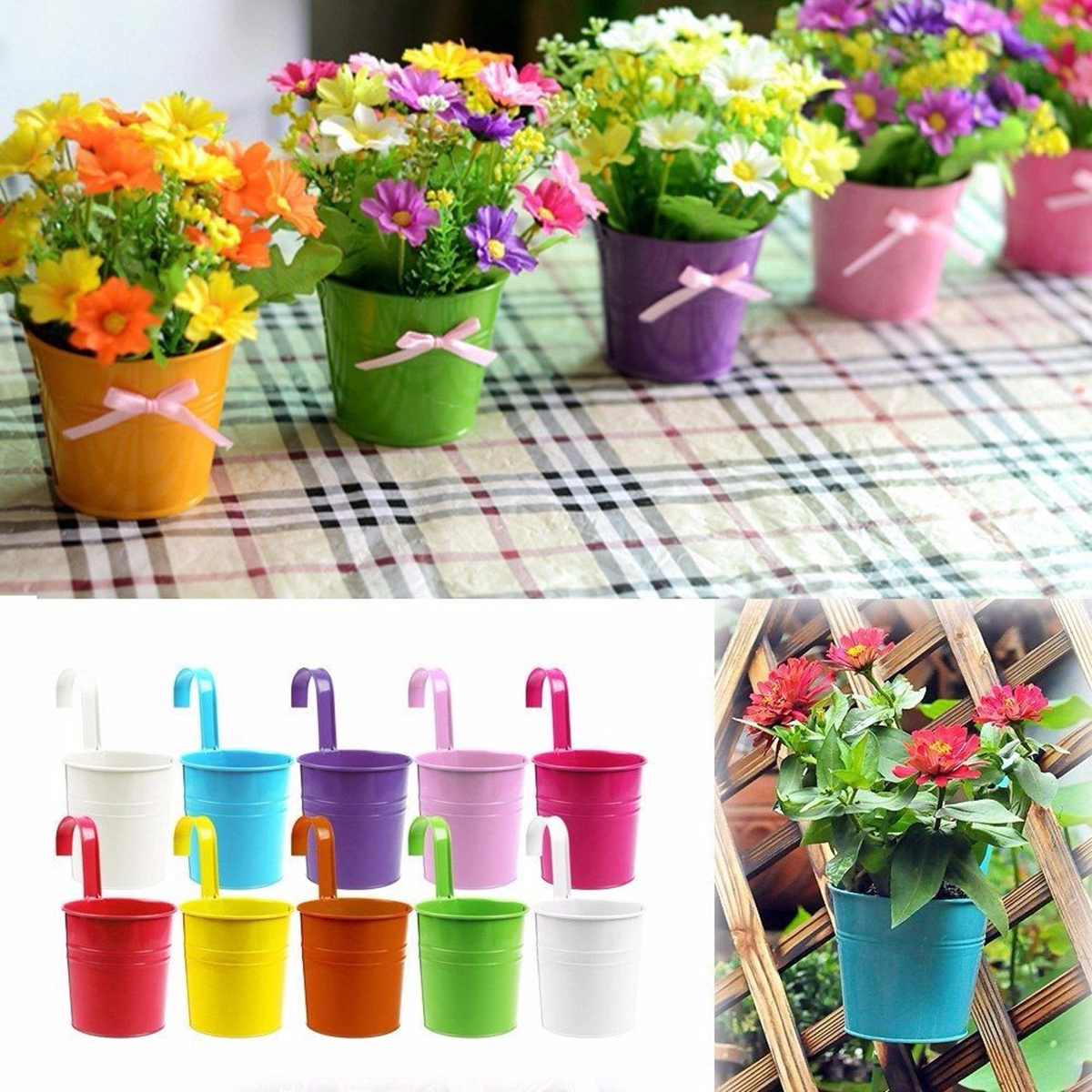 10piece Multicolor Hanging Metal Iron Flower Pots Balcony Garden Planters For Home Wall Decor - 1